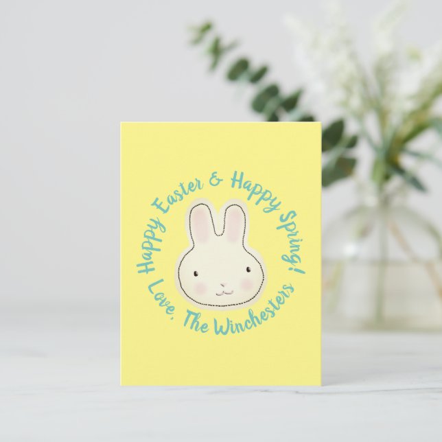 Happy Easter cute bunny custom script text yellow Postcard (Standing Front)