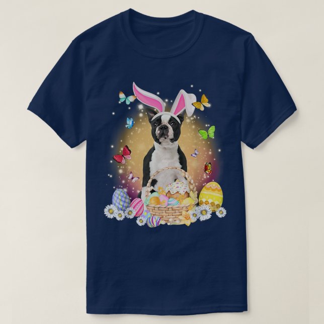 Happy Easter Cute Bunny Dog Boston Terrier Eggs Ba T-Shirt (Design Front)