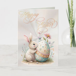 Happy Easter Cute Bunny & Egg Pastel Floral Holiday Card