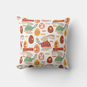 Happy Easter Cute Bunny Eggs Spring Flowers Cushion
