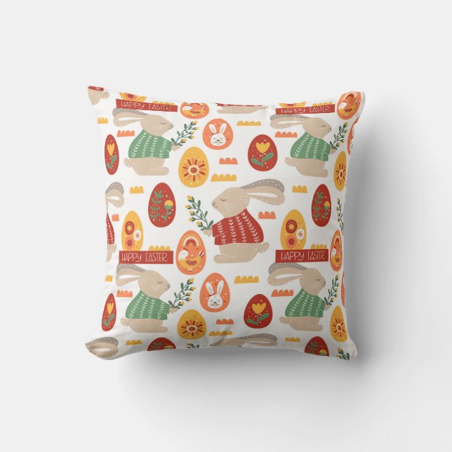 Happy Easter Cute Bunny Eggs Spring Flowers Cushion (Front)