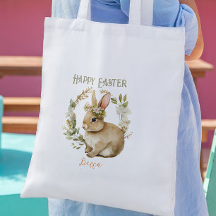 Happy Easter Cute Bunny Floral Easter Tote Bag