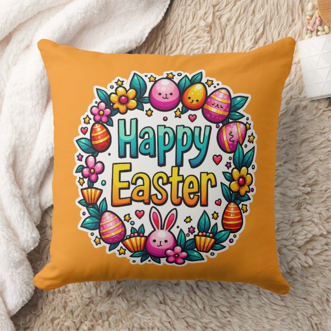 Happy Easter – Cute Bunny Lettering almofada Cushion (Blanket)