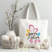 Happy Easter Cute Bunny Long Ears Hunt Eggs Floral