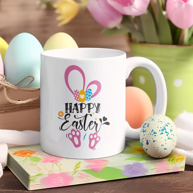 Happy Easter Cute Bunny Long Ears Hunt Eggs Floral Two-Tone Coffee Mug (Creator Uploaded)