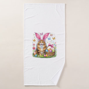 Happy Easter Cute Bunny Maine Coon Cat Easter Eggs Bath Towel