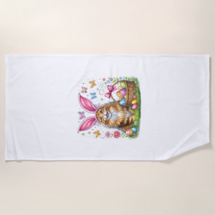 Happy Easter Cute Bunny Maine Coon Cat Easter Eggs Beach Towel