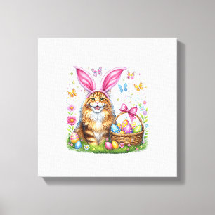 Happy Easter Cute Bunny Maine Coon Cat Easter Eggs Canvas Print