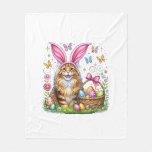 Happy Easter Cute Bunny Maine Coon Cat Easter Eggs Fleece Blanket