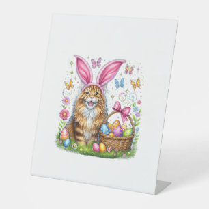 Happy Easter Cute Bunny Maine Coon Cat Easter Eggs Pedestal Sign