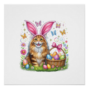 Happy Easter Cute Bunny Maine Coon Cat Easter Eggs Poster