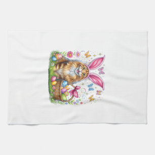 Happy Easter Cute Bunny Maine Coon Cat Easter Eggs Tea Towel