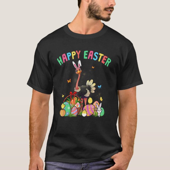 Happy Easter Cute Bunny Ostrich With Eggs Basket C T-Shirt (Front)