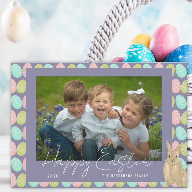 Happy Easter Cute Bunny Photo Holiday Card (Watercolor cute bunny and Easter eggs photo happy Easter holiday flat greetings card)