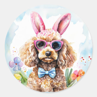 Happy Easter Cute Bunny Poodle Watercolor Dog Classic Round Sticker
