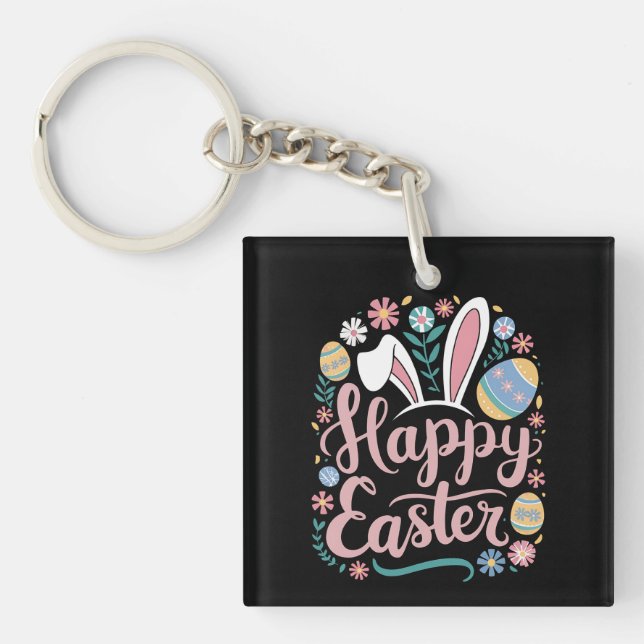Happy Easter Cute Bunny Rabbit Eggs Key Ring (Front)