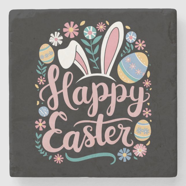 Happy Easter Cute Bunny Rabbit Eggs Stone Coaster (Front)