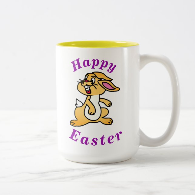 "Happy EASTER" Cute Bunny Rabbit with Purple Text Two-Tone Coffee Mug (Right)