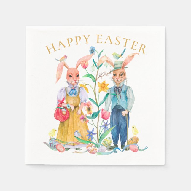 Happy Easter Cute Bunny Rabbits Spring Flowers Napkin (Front)