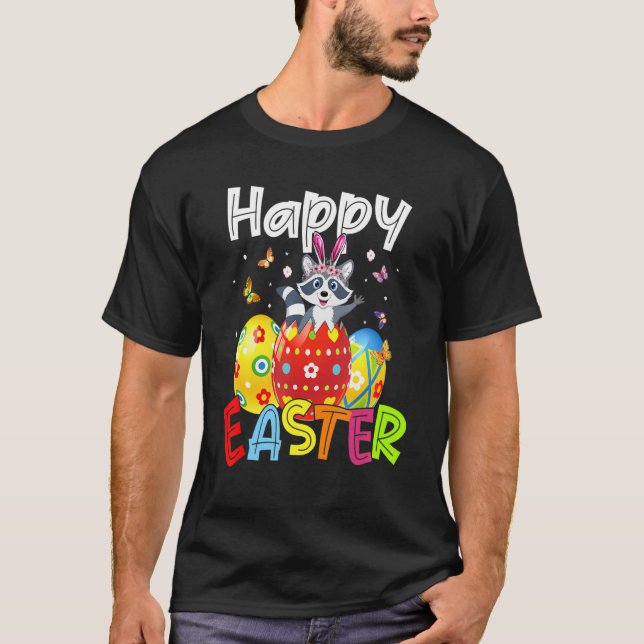 Happy Easter Cute Bunny Rabiit Racoon  Eggs Hunt  T-Shirt (Front)