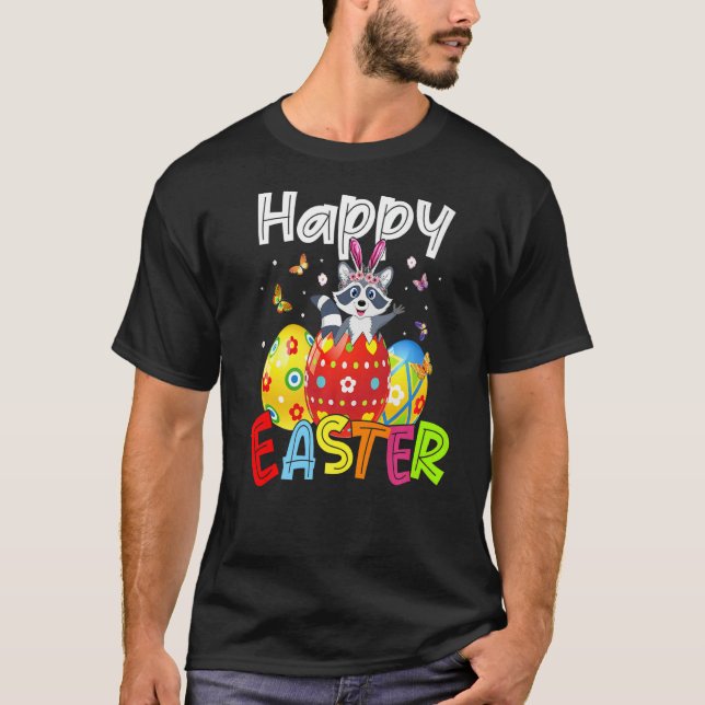 Happy Easter Cute Bunny Rabiit Racoon  Eggs Hunt  T-Shirt (Front)
