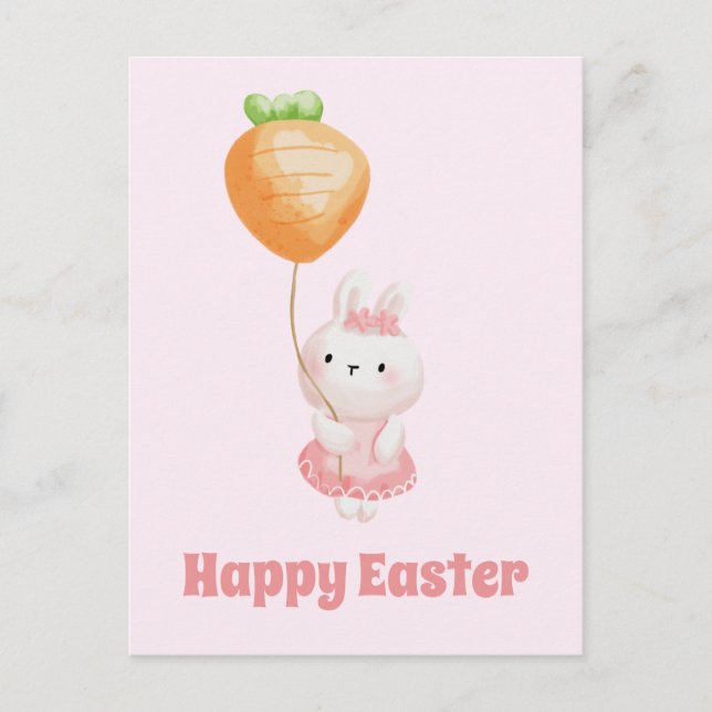 Happy Easter! Cute Bunny with Carrot Balloon Postcard (Front)
