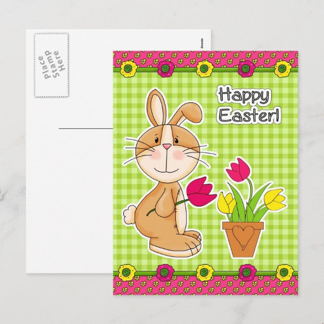 Happy Easter. Cute Bunny with Tulips Holiday Postcard (Front/Back)
