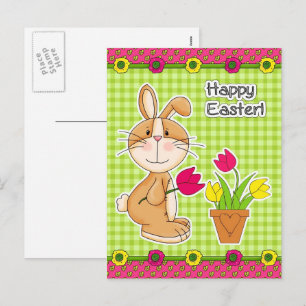 Happy Easter. Cute Bunny with Tulips Holiday Postcard