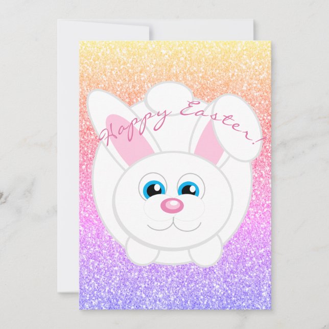Happy Easter Cute Cartoon Bunny Rainbow Glitter  Holiday Card (Front)