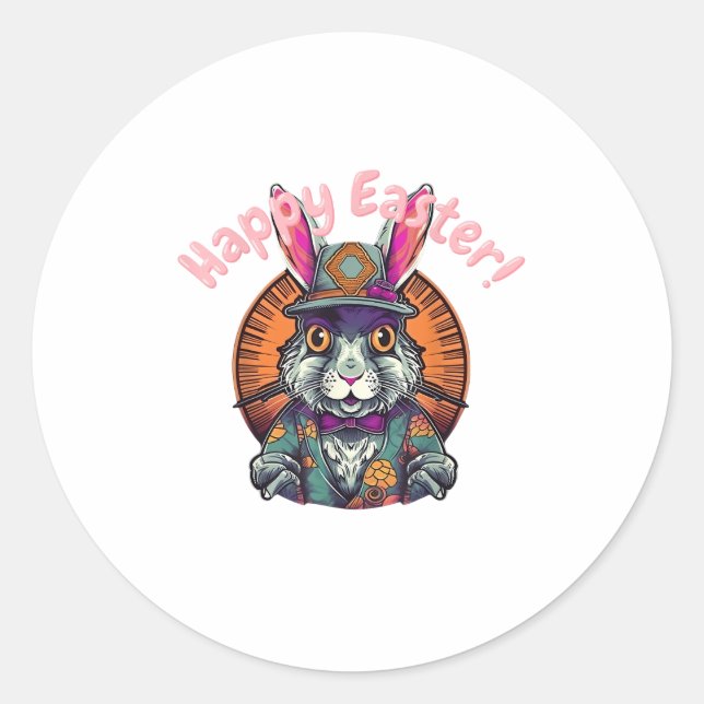 Happy Easter Cute Cartoon Easter Bunny Dutch Rabbi Classic Round Sticker (Front)