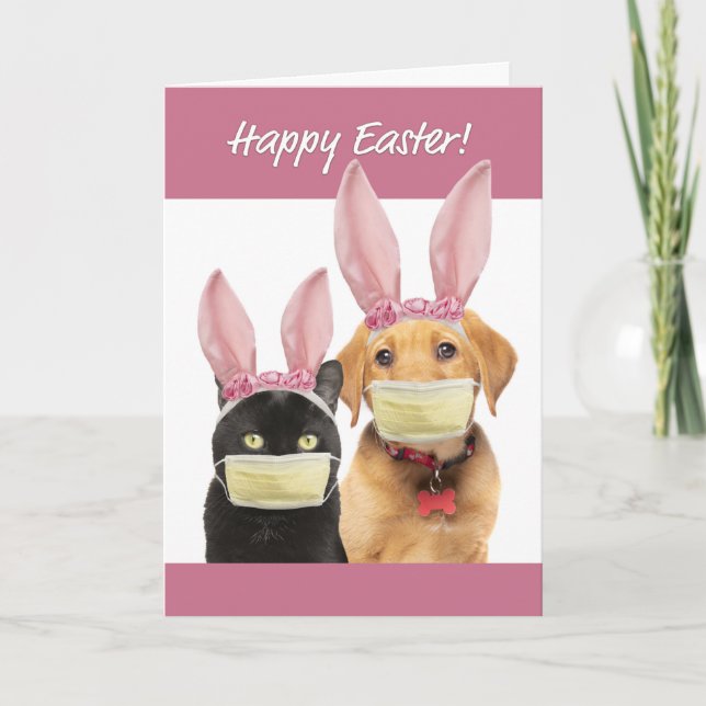 Happy Easter Cute Cat and Dog in Covid Face Mask Holiday Card (Front)