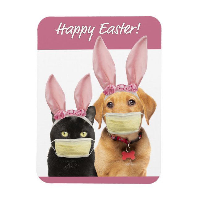 Happy Easter Cute Cat and Dog in Covid Face Mask Magnet (Vertical)
