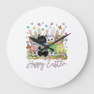 Happy Easter Cute Cat Lover Bunny Easter Day Women Large Clock
