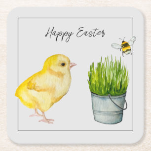 Happy Easter, cute chick and bumblebee Square Paper Coaster