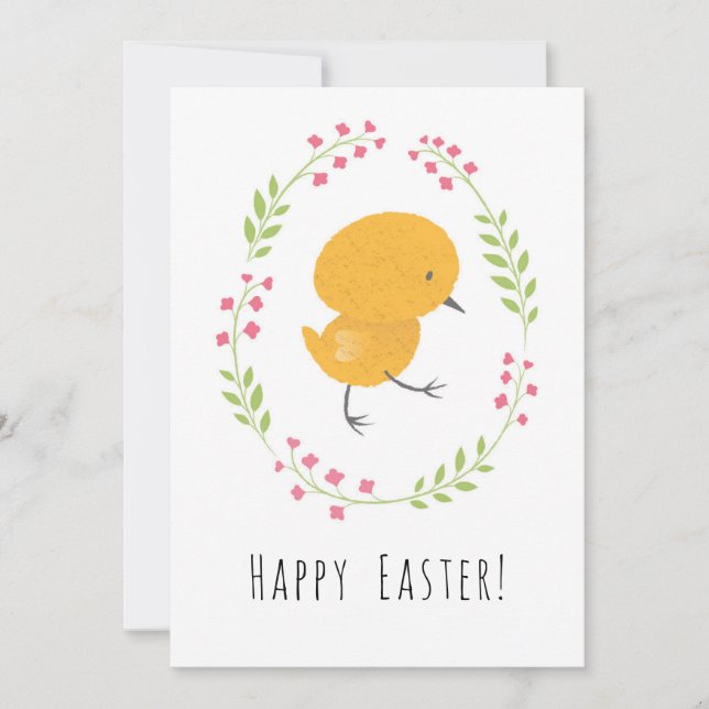 Happy Easter Cute Chick Floral Egg Wreath Card (Front)