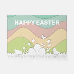 Happy Easter, cute chicks, easter eggs on grass Doormat