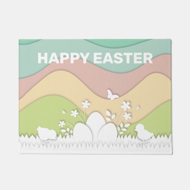 Happy Easter, cute chicks, easter eggs on grass Doormat (Front)