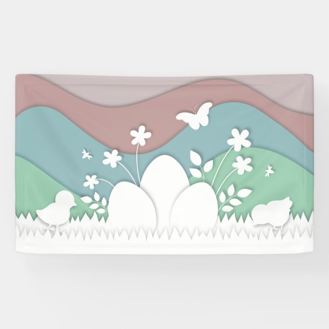 Happy Easter, cute chicks, easter eggs on grass La Banner (Horizontal)