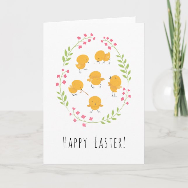 Happy Easter Cute Chicks Floral Egg Wreath Card (Front)