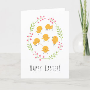 Happy Easter Cute Chicks Floral Egg Wreath Card