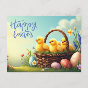 Happy Easter Cute Chicks in Wicker Basket Holiday Postcard