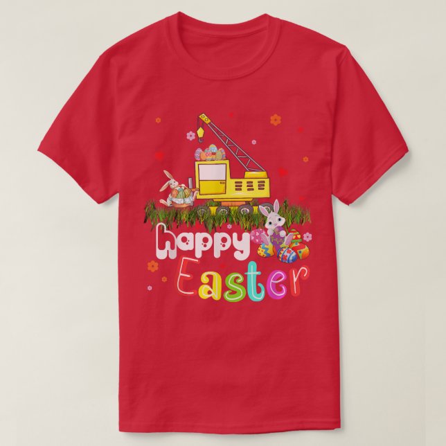 Happy Easter Cute Crane Truck Carrying Bunnies Eas T-Shirt (Design Front)
