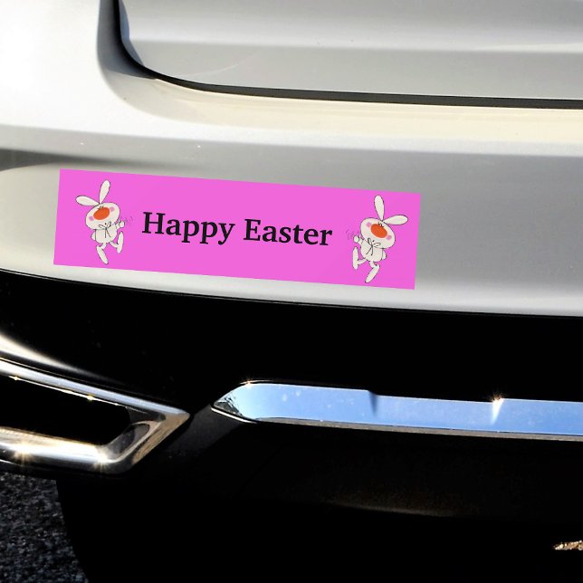 Happy Easter Cute Dancing Rabbit Bumper Sticker (Cute white rabbits orange noses thumbs up sign on vibrant pink Happy Easter bumper sticker.)
