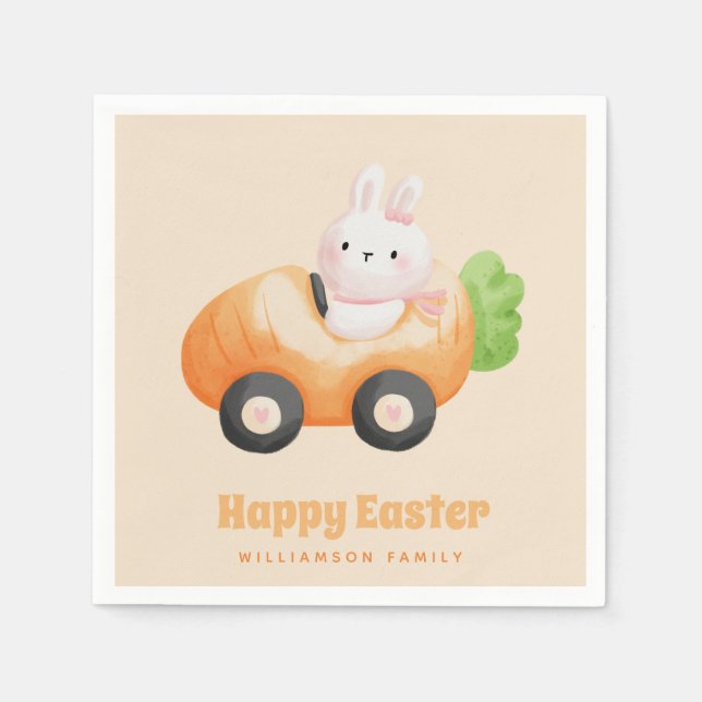Happy Easter! Cute Easter Bunny in a Carrot Car Napkin (Front)