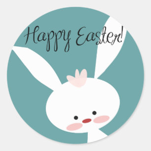 Happy Easter Cute Easter Bunny on Blue Classic Round Sticker
