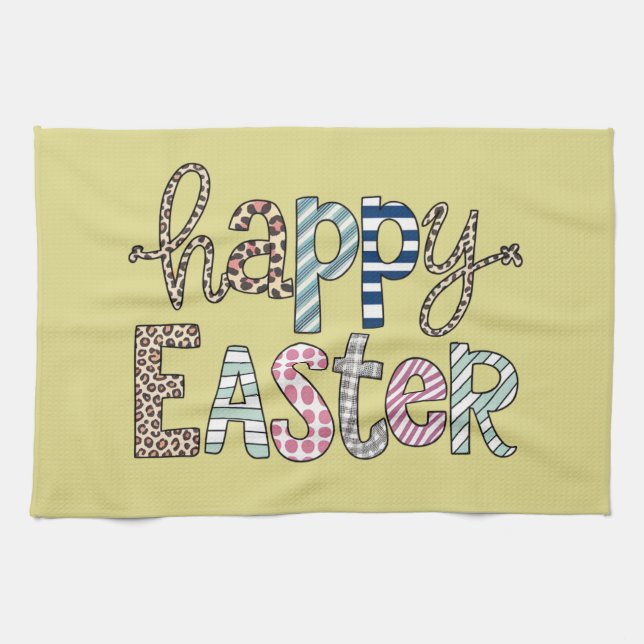 Happy Easter Cute Floral Bunny Spring Leopard Tea Towel (Horizontal)