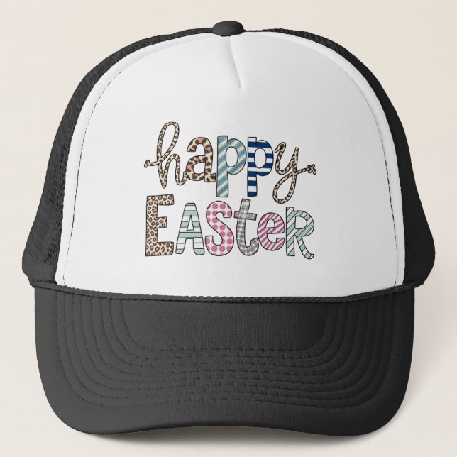 Happy Easter Cute Floral Bunny Spring Leopard Trucker Hat (Front)