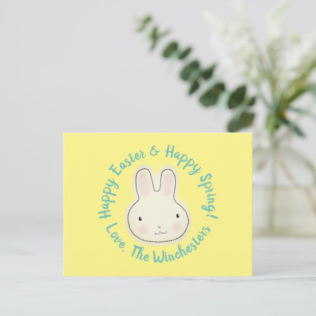 Happy Easter cute fun bunny yellow custom script Postcard (Standing Front)
