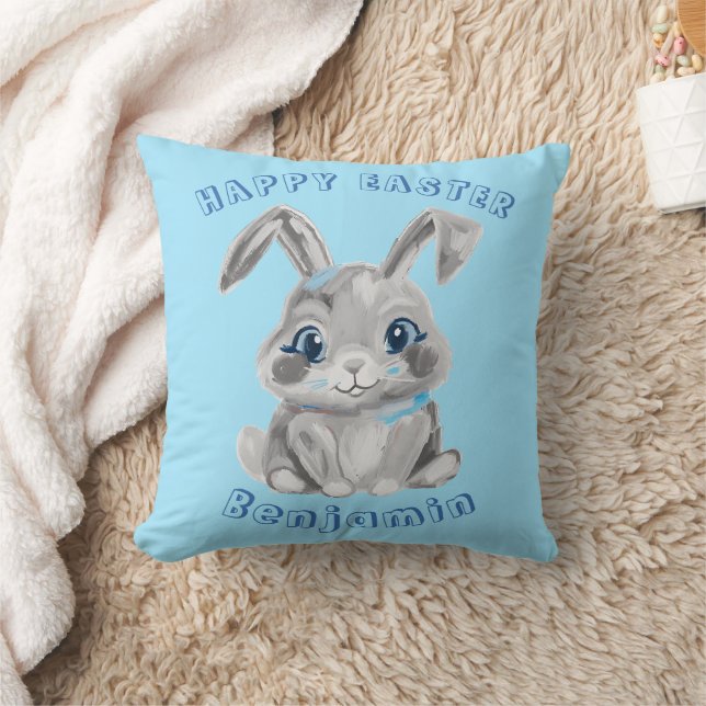 Happy Easter Cute Grey Bunny Rabbit Blue Name Cushion (Blanket)