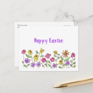Happy Easter Cute Hand-Drawn Flowers Traditional Postcard